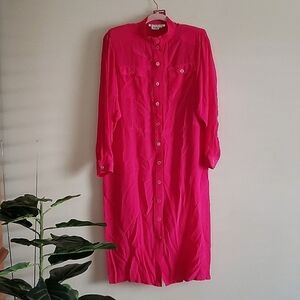 Silk road made in Hong Kong fushia 100% silk shirt dress, pockets, women size 14